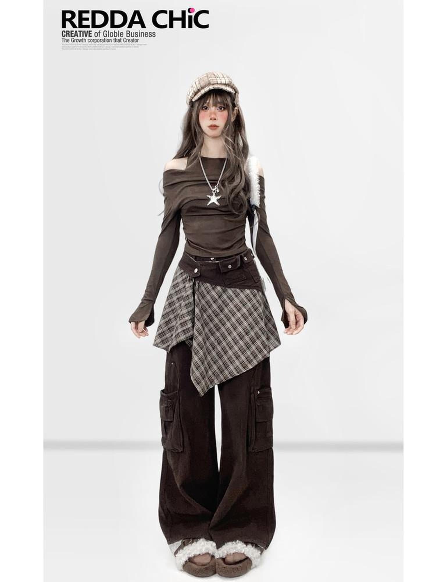 ReddaChic Vintage Slim Fit Off Shoulder Bell Sleeve Women Coffee Brown Casual Maxi Dresses