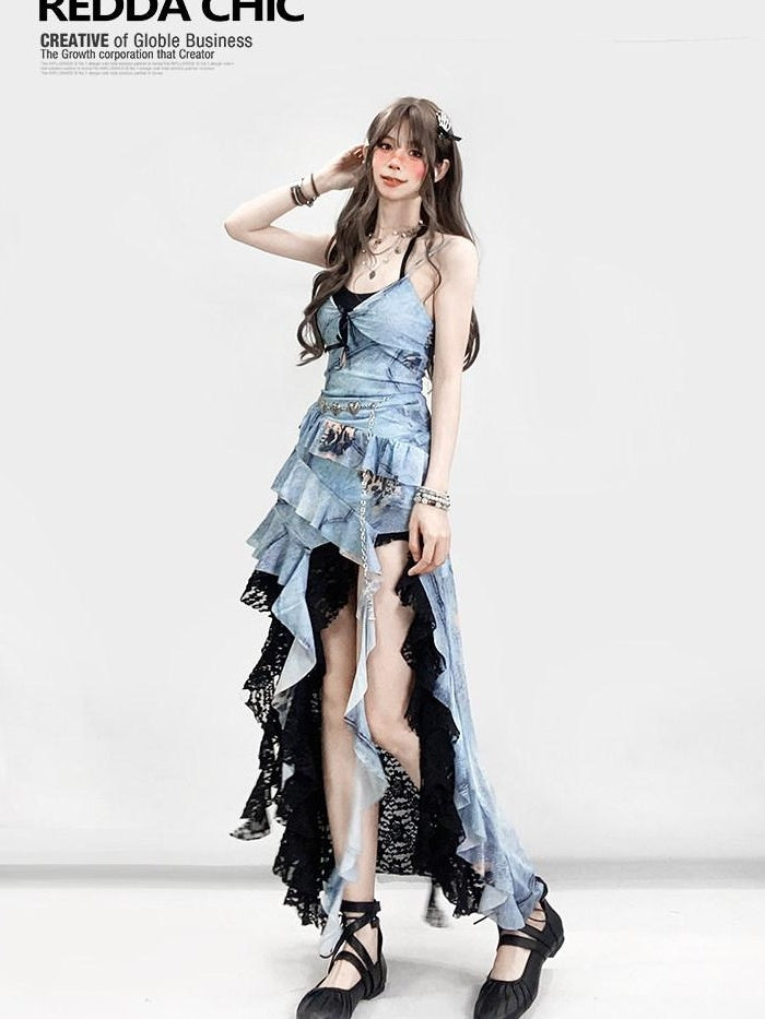 ReddaChic Waist Cinching Vintage Asymmetric V-neck Printed Strappy Slip Midi Dresses