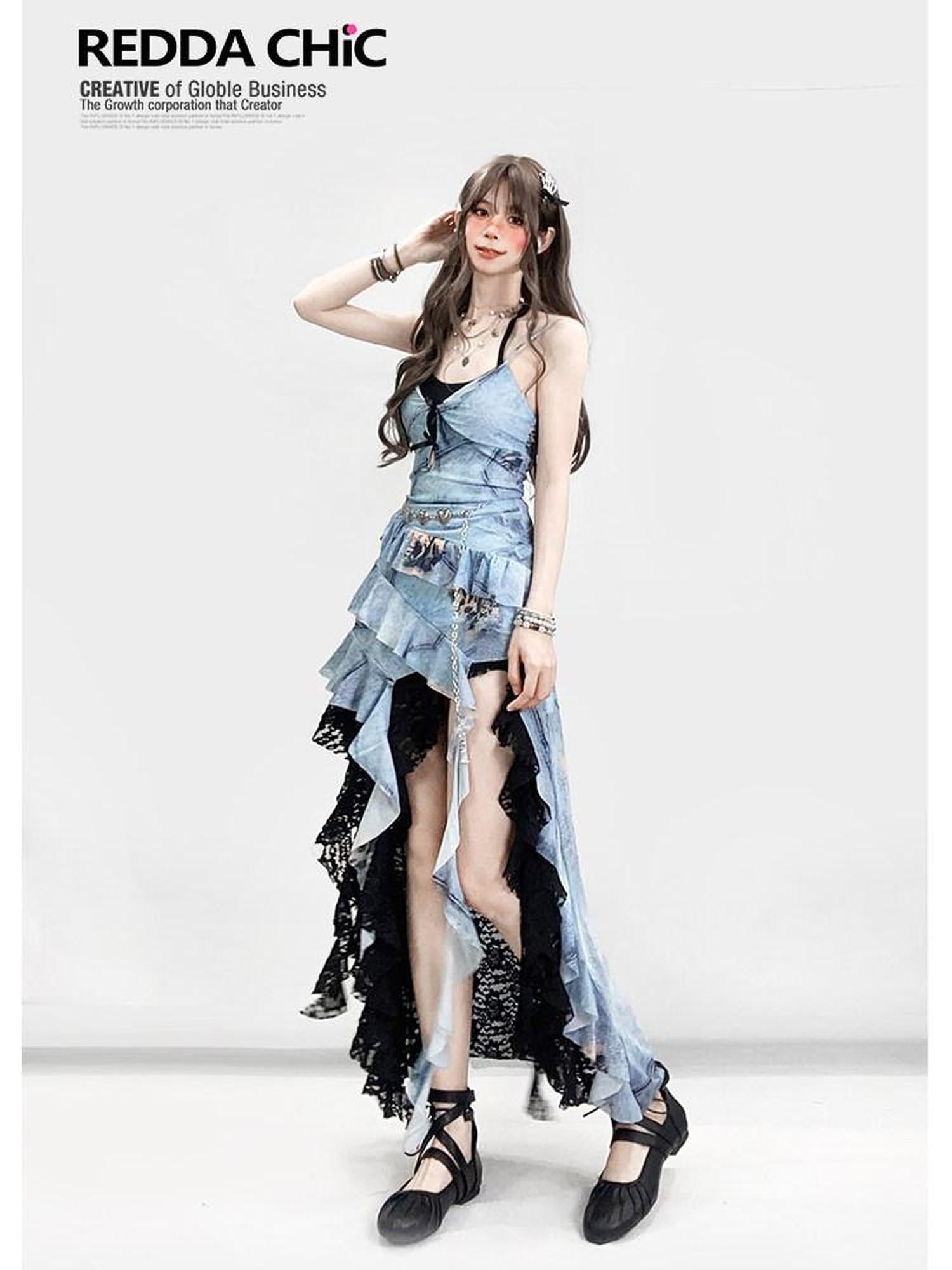 ReddaChic Waist Cinching Vintage Asymmetric V-neck Printed Strappy Slip Midi Dresses