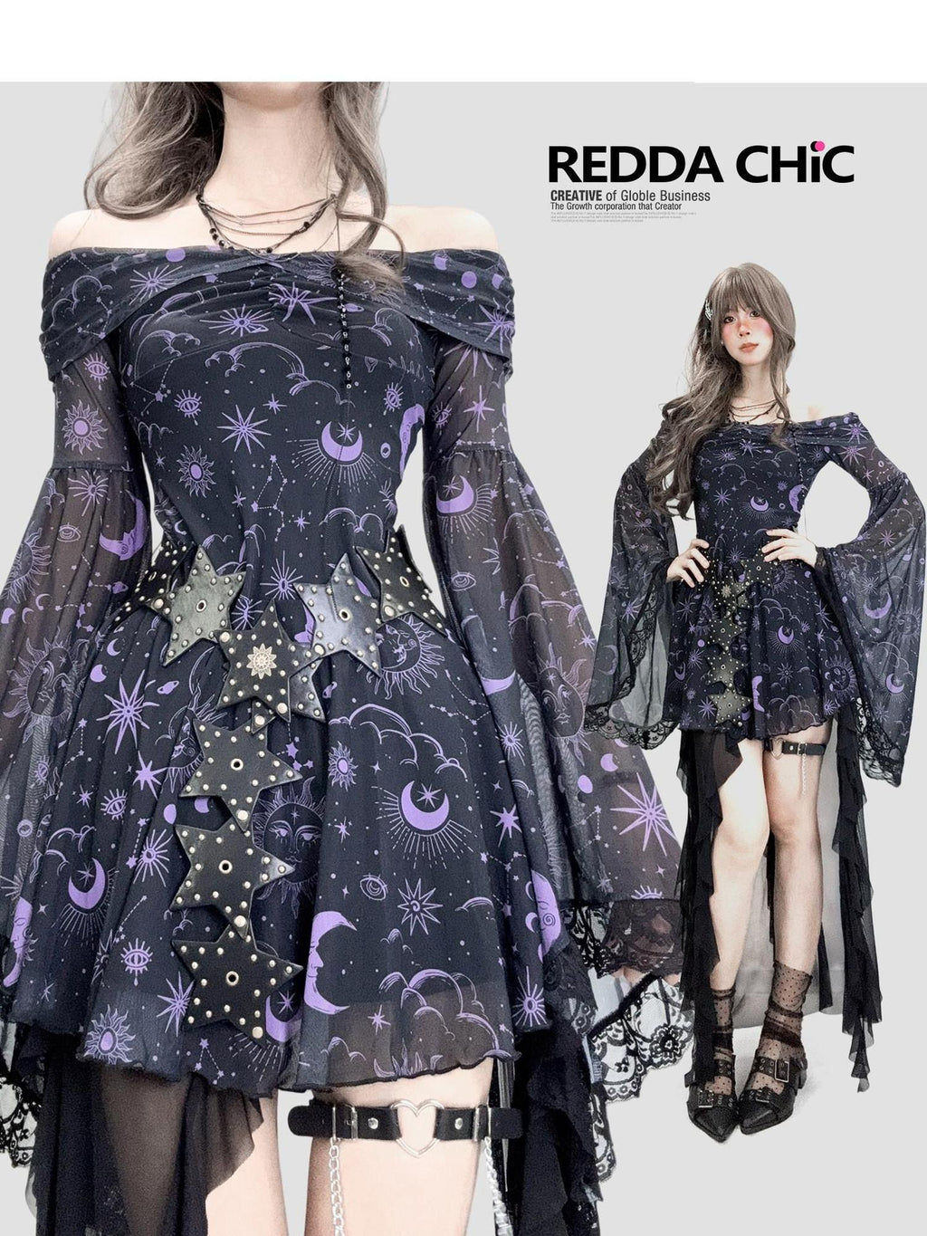 ReddaChic Waist Slimming Gothic Mesh Bell Sleeve Fitted Bardot Citywalk Printed Camisoles