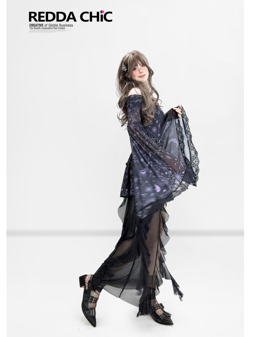 ReddaChic Waist Slimming Gothic Mesh Bell Sleeve Fitted Bardot Citywalk Printed Camisoles