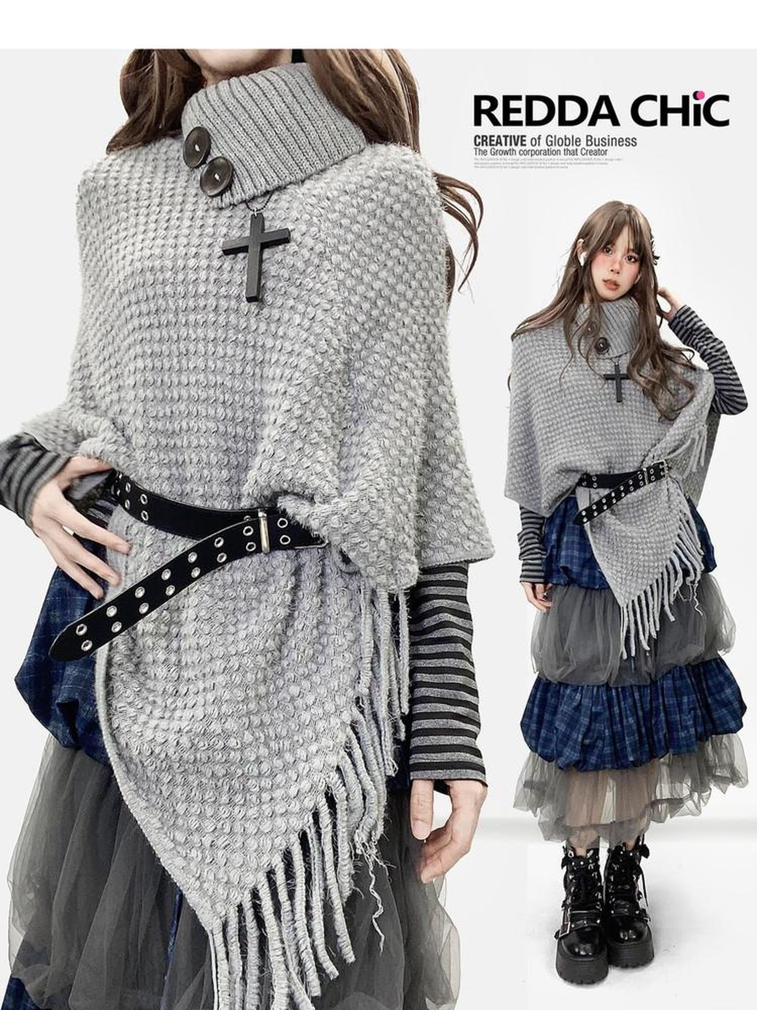 ReddaChic Warm Loose Fit Workwear Long Sleeve Round Neck Light Gray Slip Mini Dresses