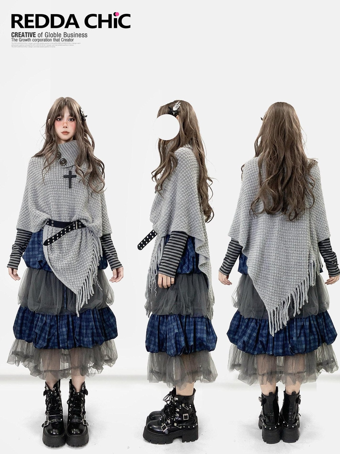 ReddaChic Warm Loose Fit Workwear Long Sleeve Round Neck Light Gray Slip Mini Dresses