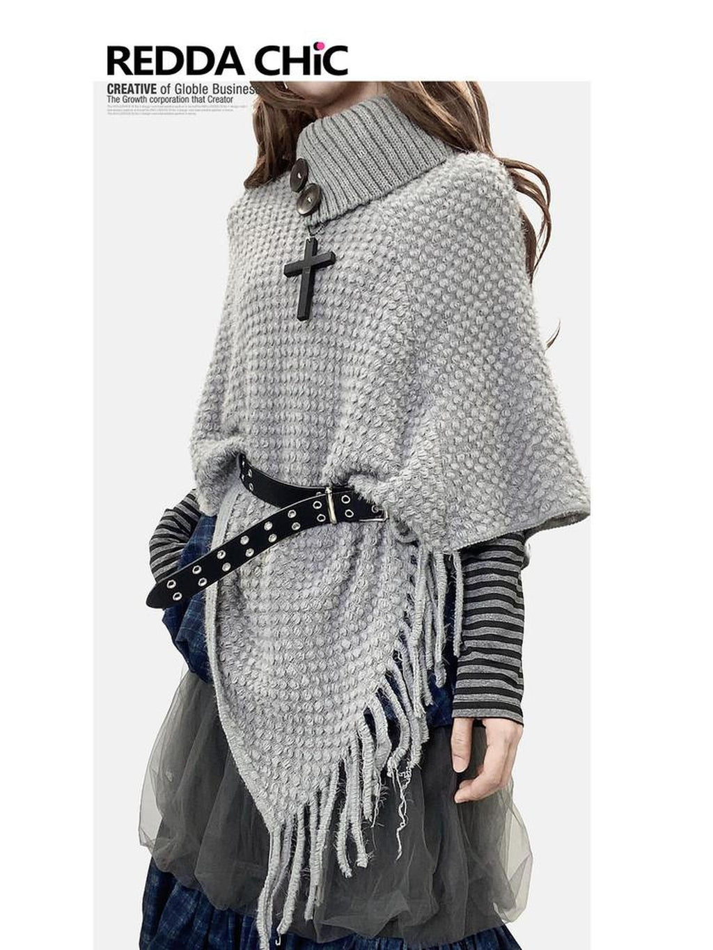 ReddaChic Warm Loose Fit Workwear Long Sleeve Round Neck Light Gray Slip Mini Dresses