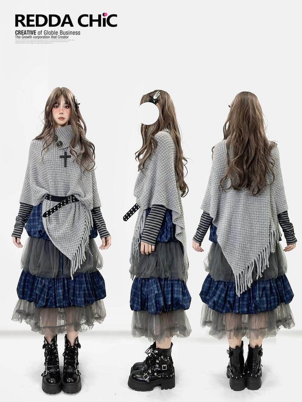ReddaChic Warm Loose Fit Workwear Long Sleeve Round Neck Light Gray Slip Mini Dresses