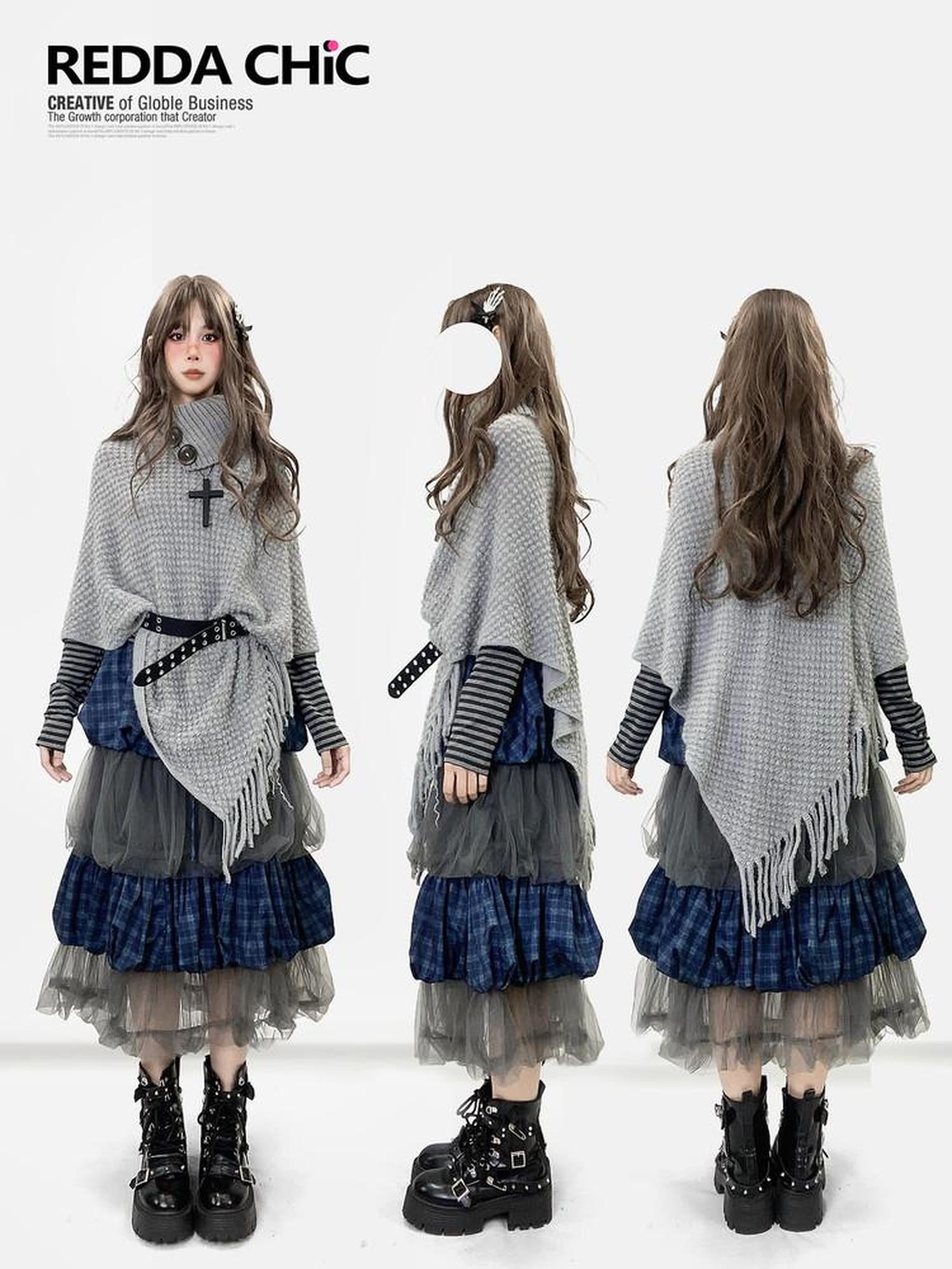 ReddaChic Warm Loose Fit Workwear Long Sleeve Round Neck Light Gray Slip Mini Dresses