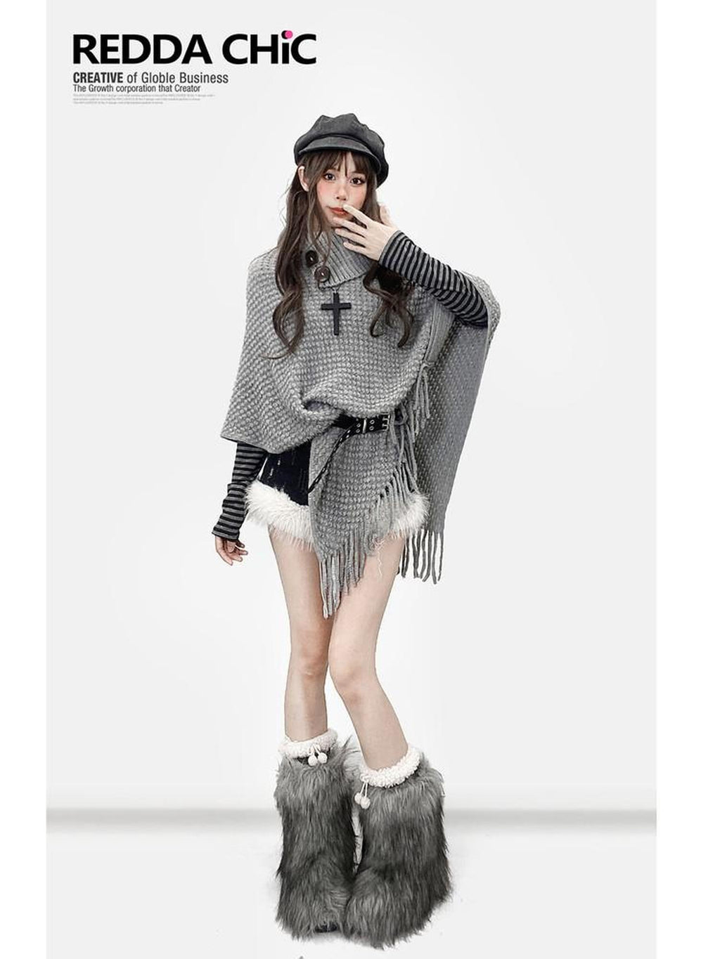 ReddaChic Warm Loose Fit Workwear Long Sleeve Round Neck Light Gray Slip Mini Dresses