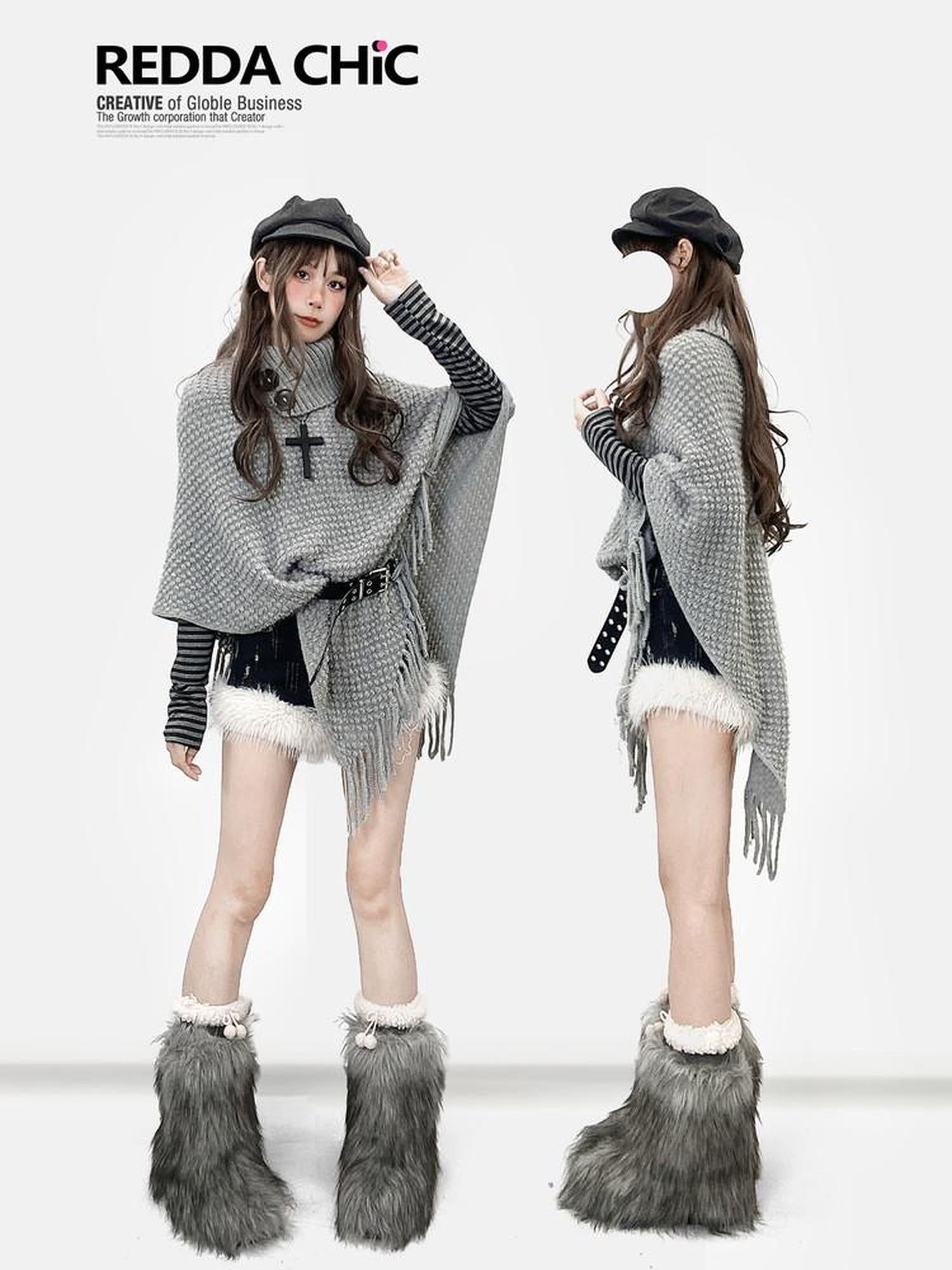 ReddaChic Warm Loose Fit Workwear Long Sleeve Round Neck Light Gray Slip Mini Dresses