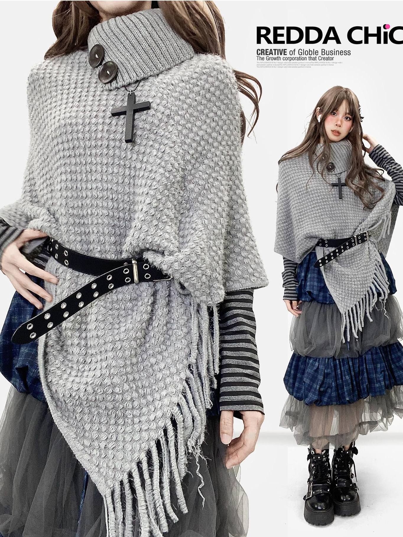 ReddaChic Warm Loose Fit Workwear Long Sleeve Round Neck Light Gray Slip Mini Dresses