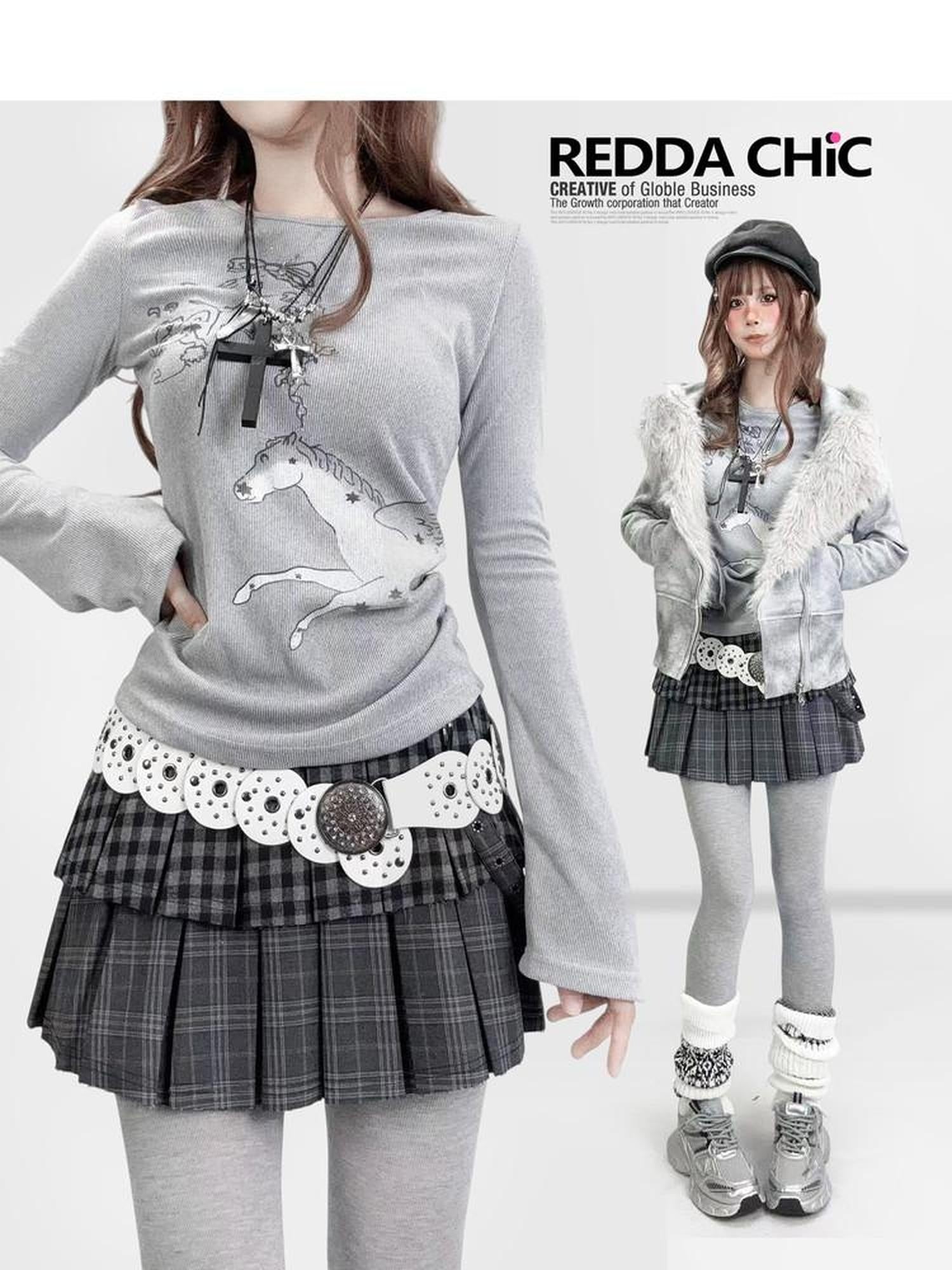 ReddaChic Warm Thermal Velvet Cartoon Print Waist Cinch Gray Womens One Size Mini Skirts