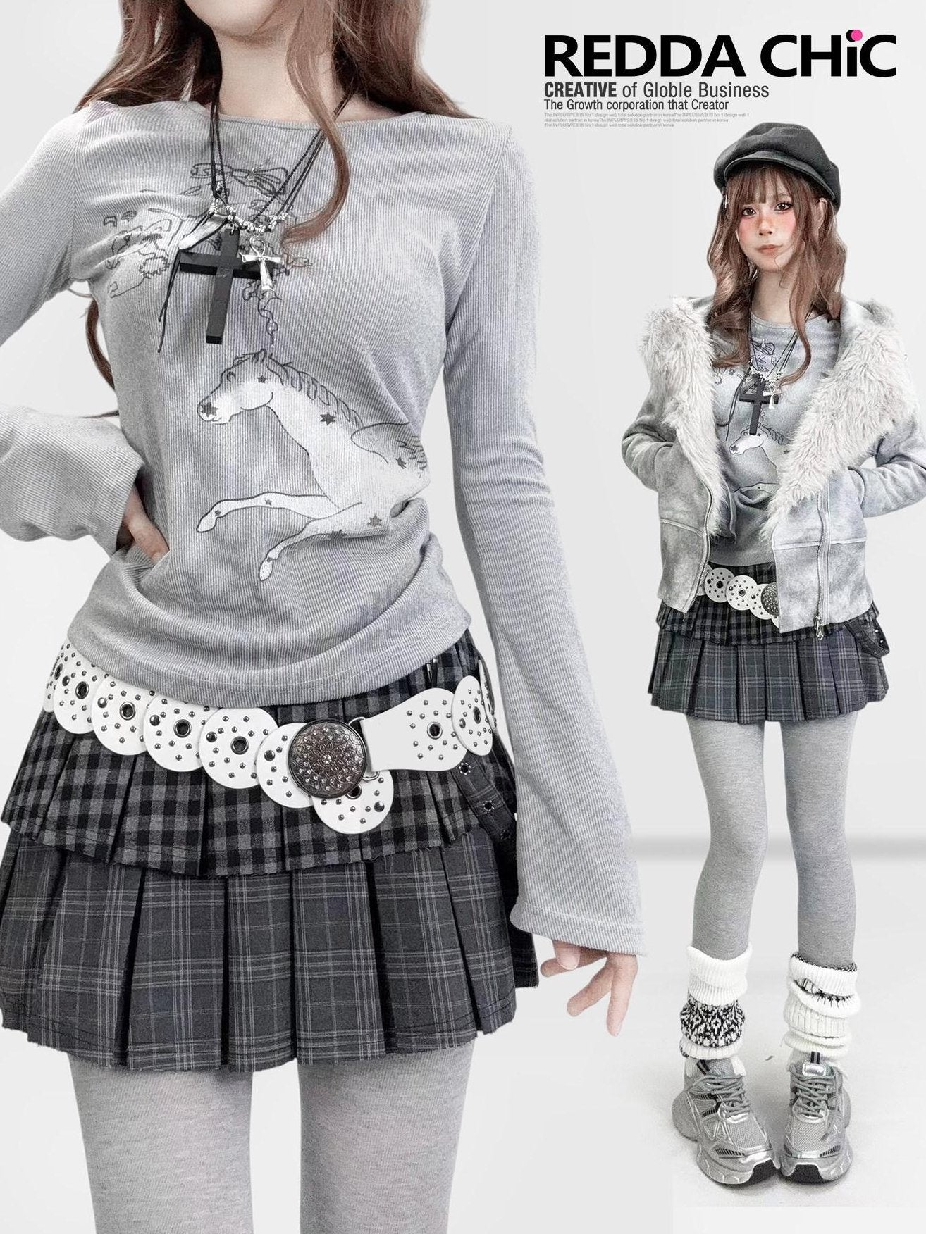 ReddaChic Warm Thermal Velvet Cartoon Print Waist Cinch Gray Womens One Size Mini Skirts