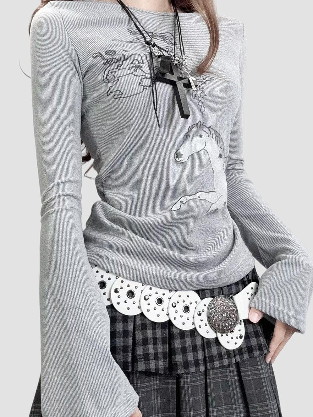 ReddaChic Warm Thermal Velvet Cartoon Print Waist Cinch Gray Womens One Size Mini Skirts