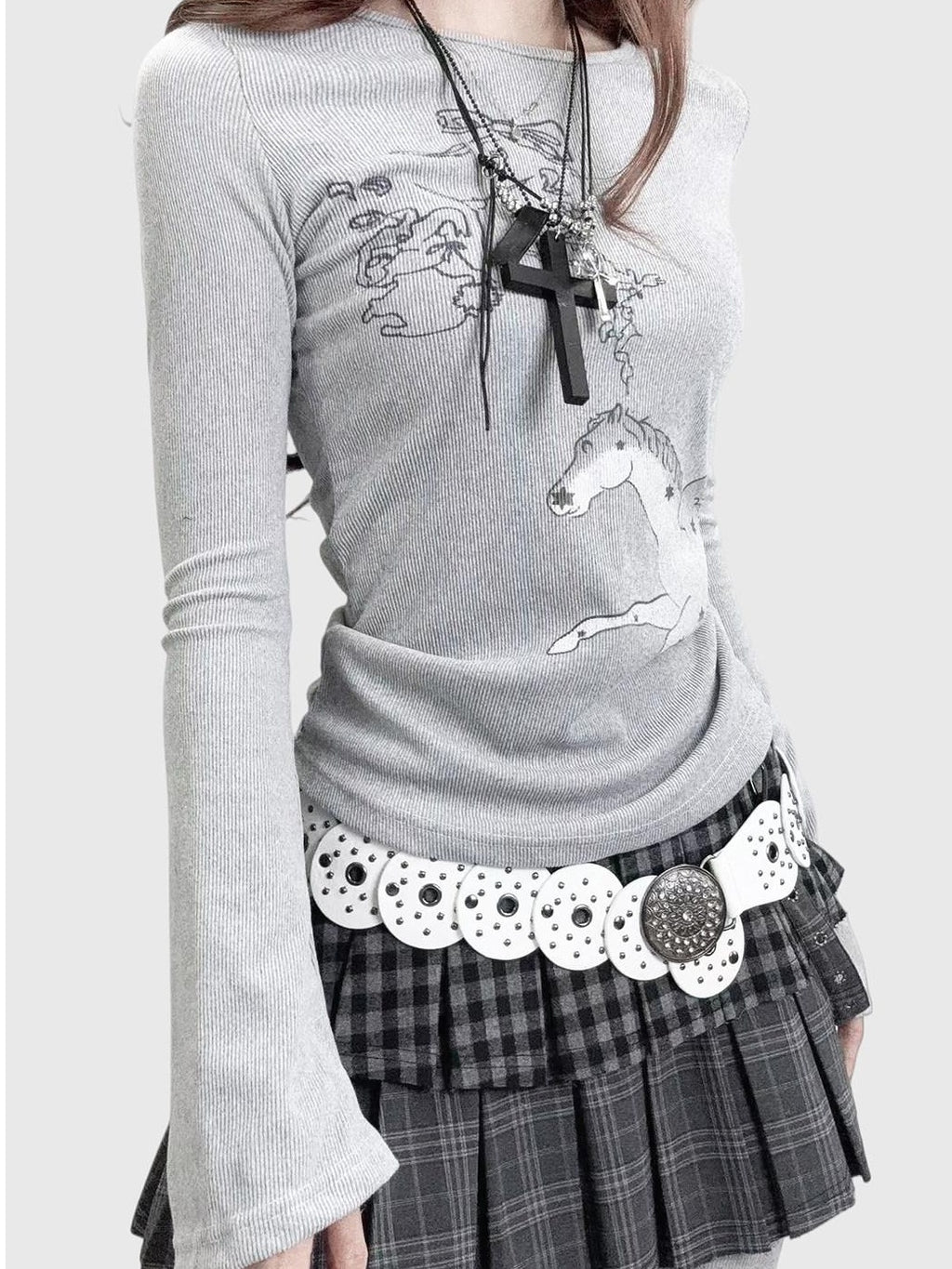 ReddaChic Warm Thermal Velvet Cartoon Print Waist Cinch Gray Womens One Size Mini Skirts