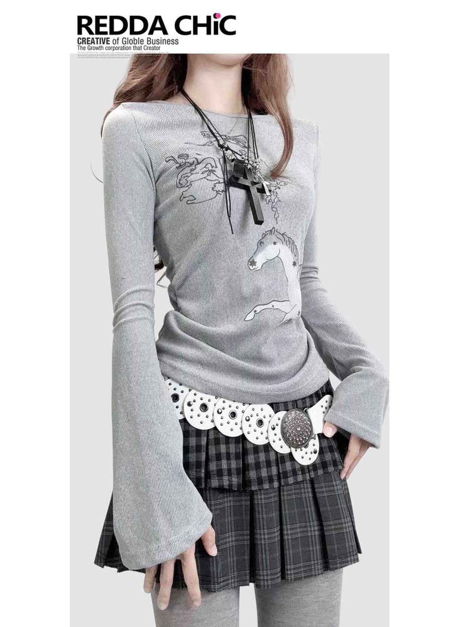 ReddaChic Warm Thermal Velvet Cartoon Print Waist Cinch Gray Womens One Size Mini Skirts