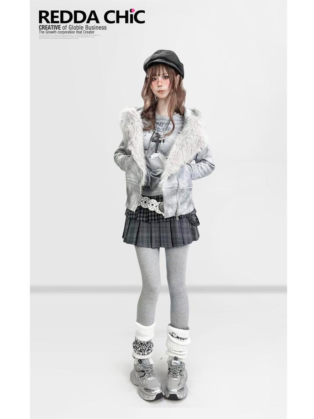 ReddaChic Warm Thermal Velvet Cartoon Print Waist Cinch Gray Womens One Size Mini Skirts