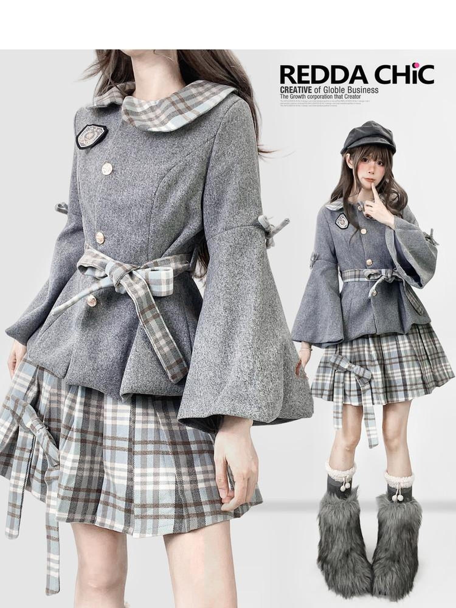 ReddaChic Warm Thick Cute Preppy Plaid Cloak Silhouette Women Two Piece Flare Jeans
