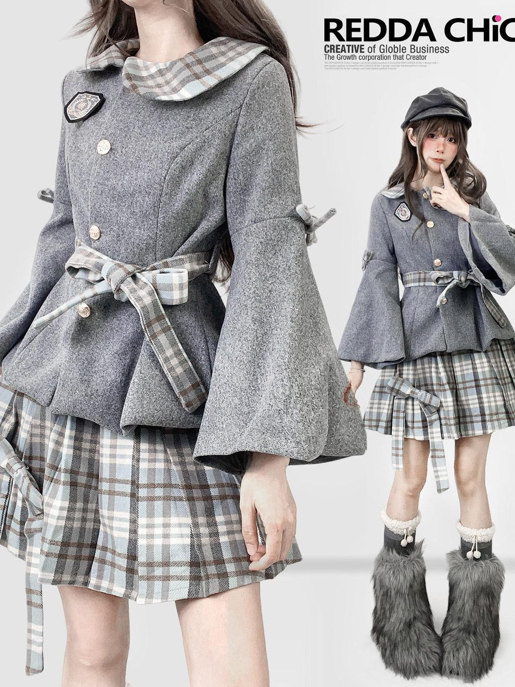 ReddaChic Warm Thick Cute Preppy Plaid Cloak Silhouette Women Two Piece Flare Jeans