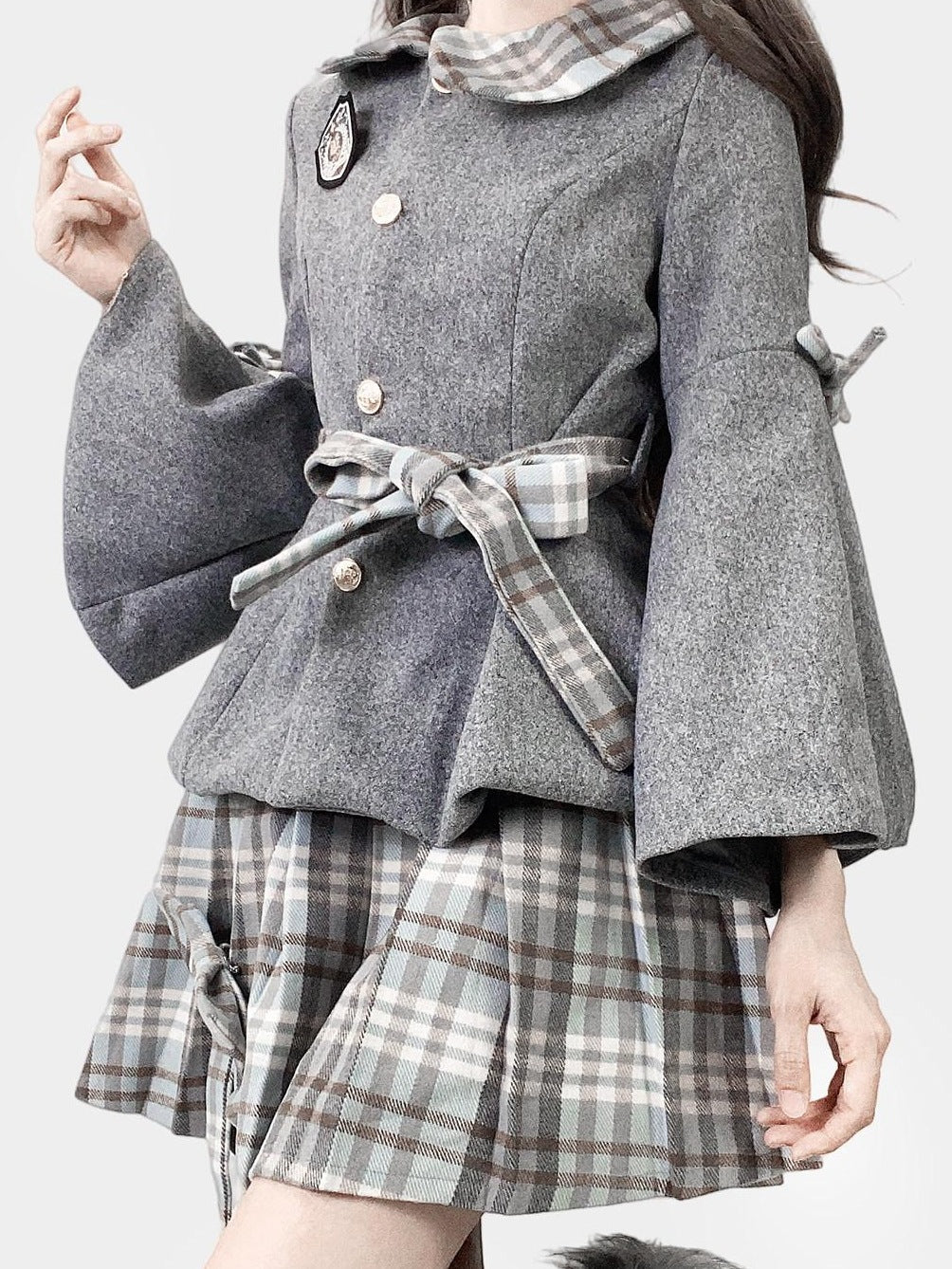 ReddaChic Warm Thick Cute Preppy Plaid Cloak Silhouette Women Two Piece Flare Jeans