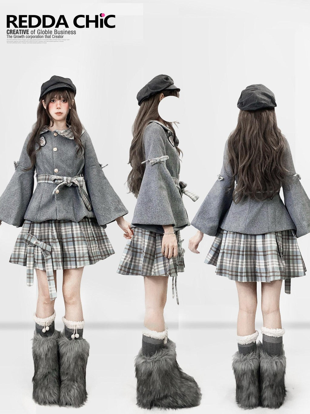 ReddaChic Warm Thick Cute Preppy Plaid Cloak Silhouette Women Two Piece Flare Jeans