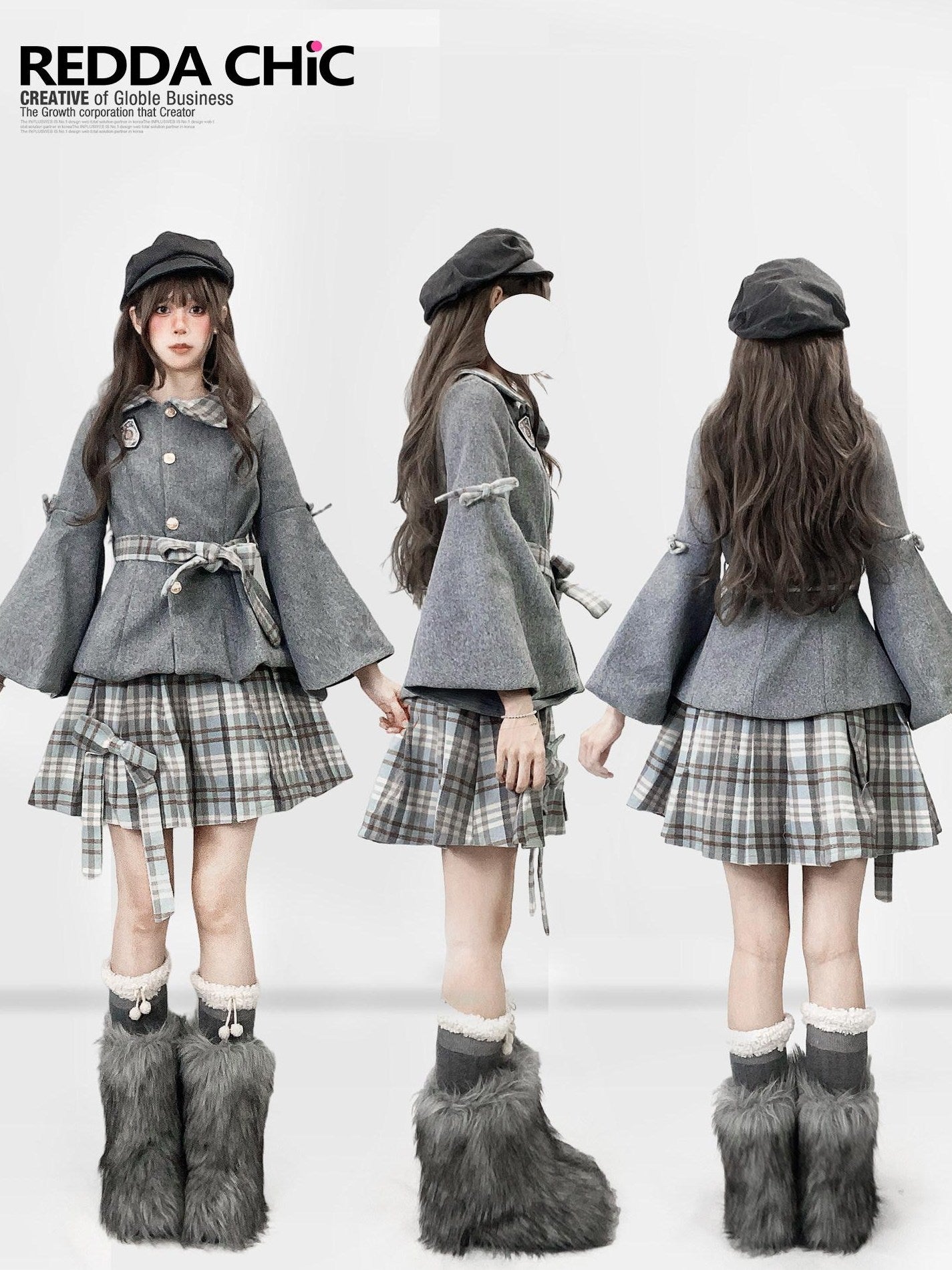 ReddaChic Warm Thick Cute Preppy Plaid Cloak Silhouette Women Two Piece Flare Jeans