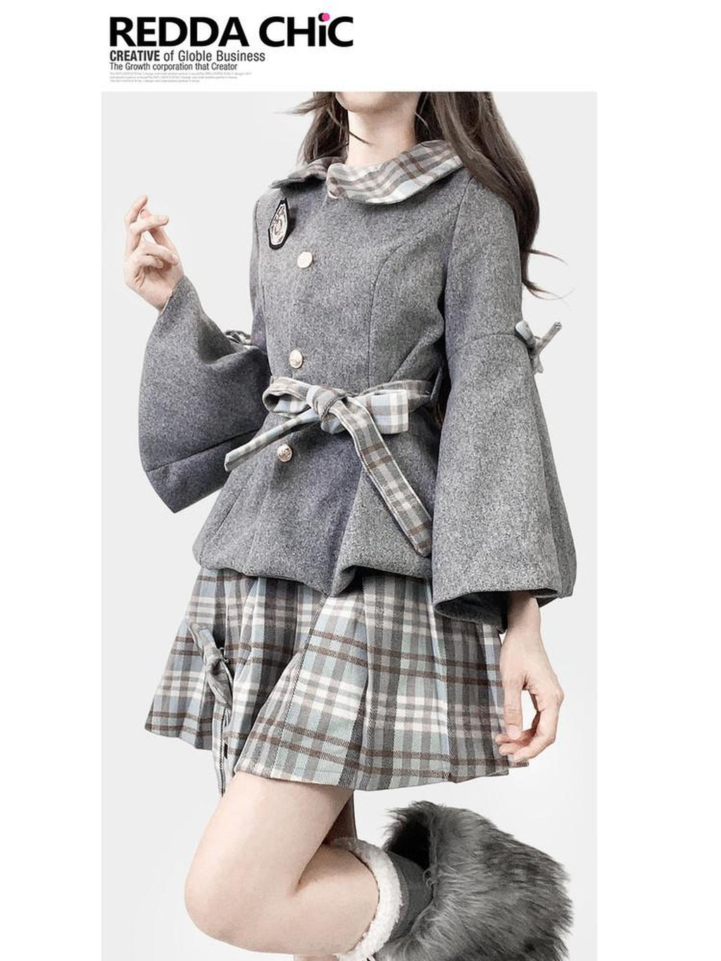 ReddaChic Warm Thick Cute Preppy Plaid Cloak Silhouette Women Two Piece Flare Jeans