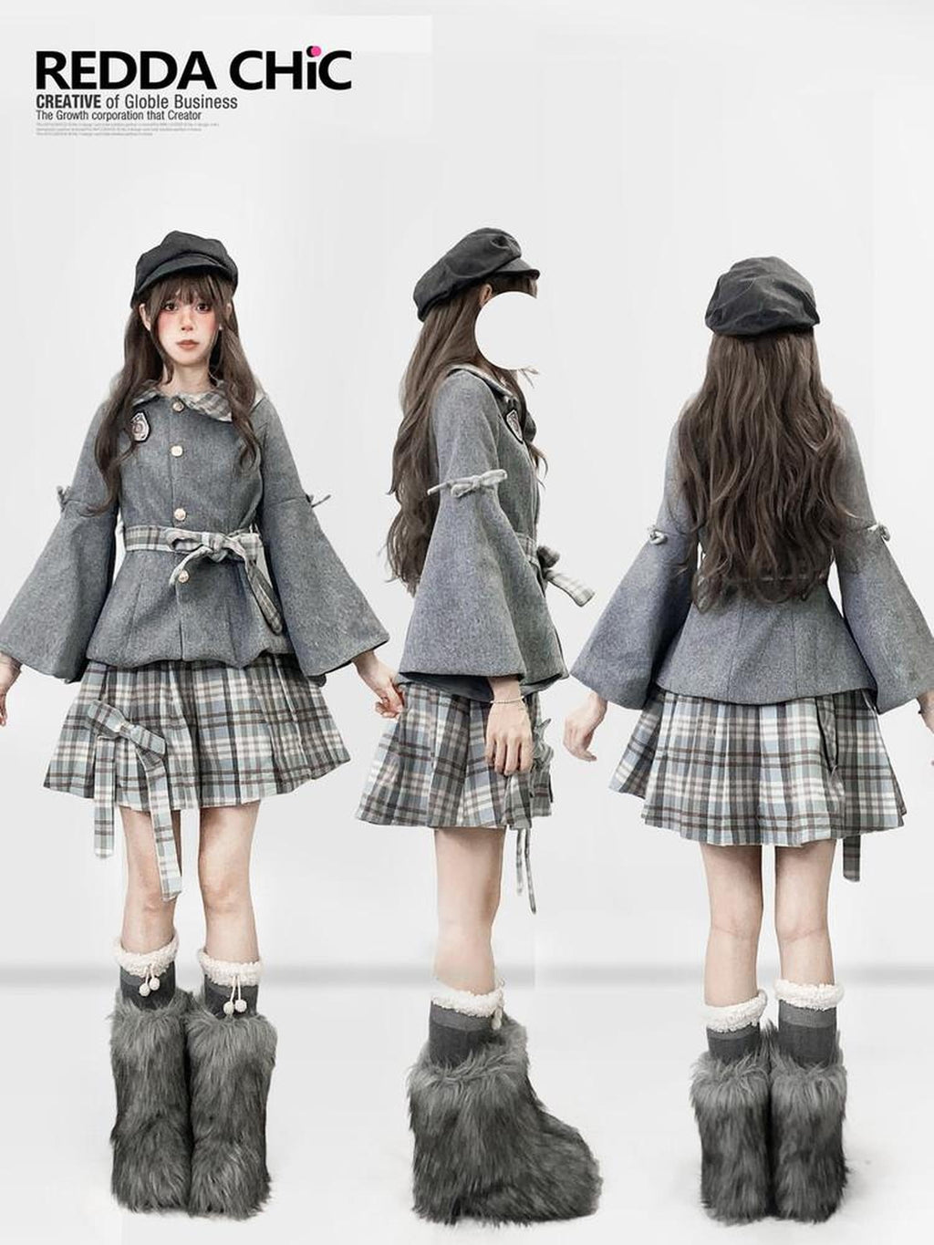 ReddaChic Warm Thick Cute Preppy Plaid Cloak Silhouette Women Two Piece Flare Jeans