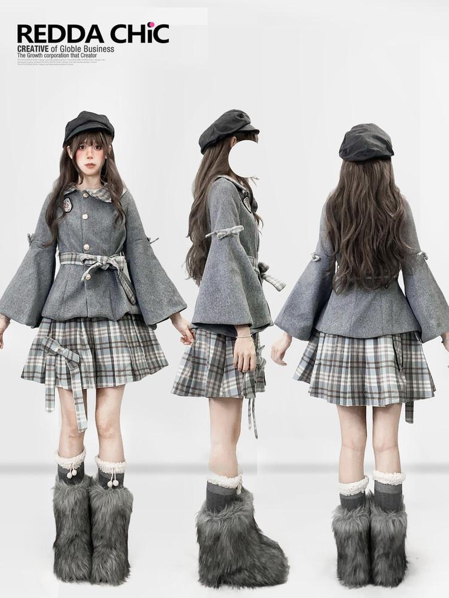 ReddaChic Warm Thick Cute Preppy Plaid Cloak Silhouette Women Two Piece Flare Jeans