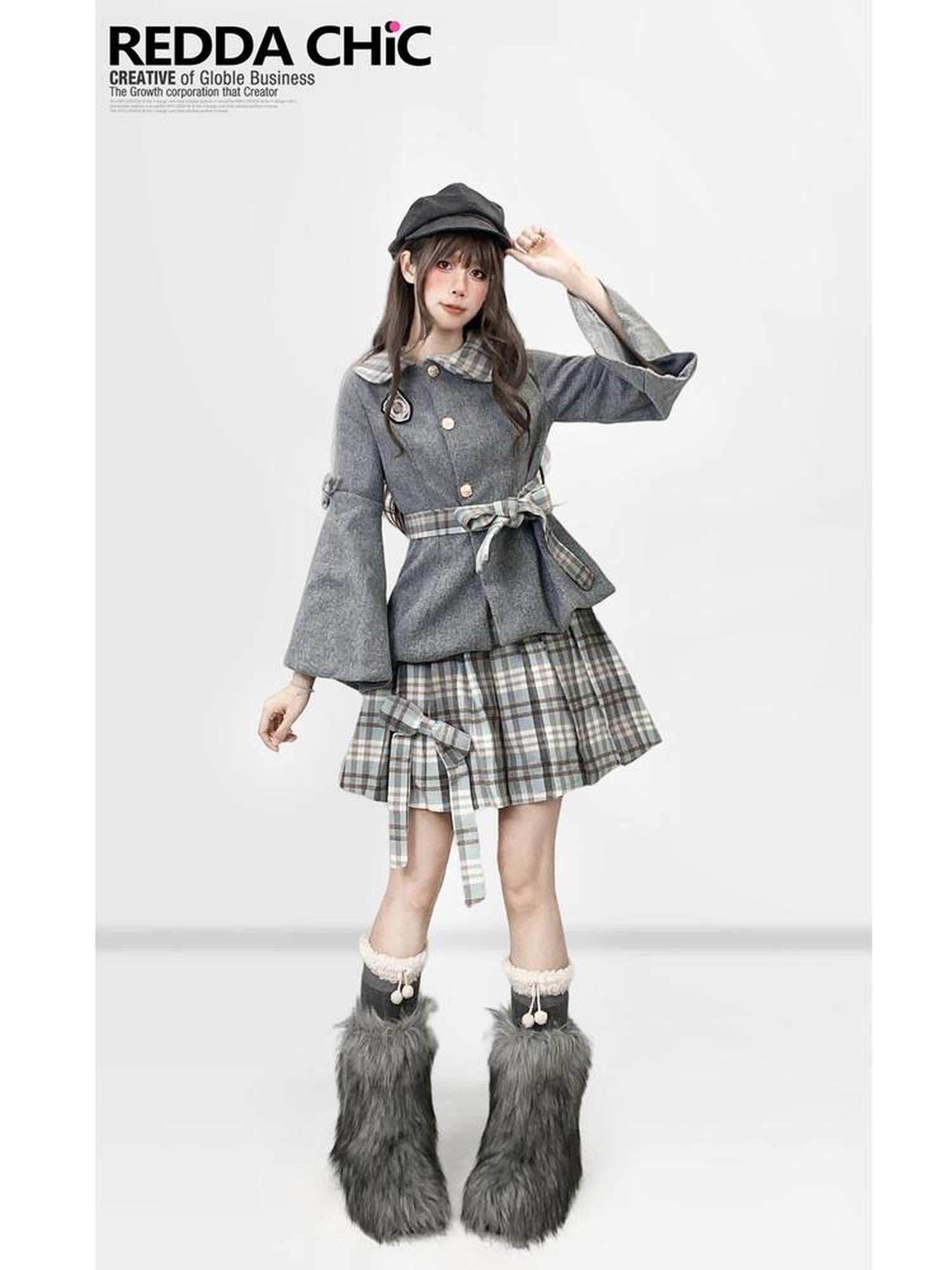 ReddaChic Warm Thick Cute Preppy Plaid Cloak Silhouette Women Two Piece Flare Jeans