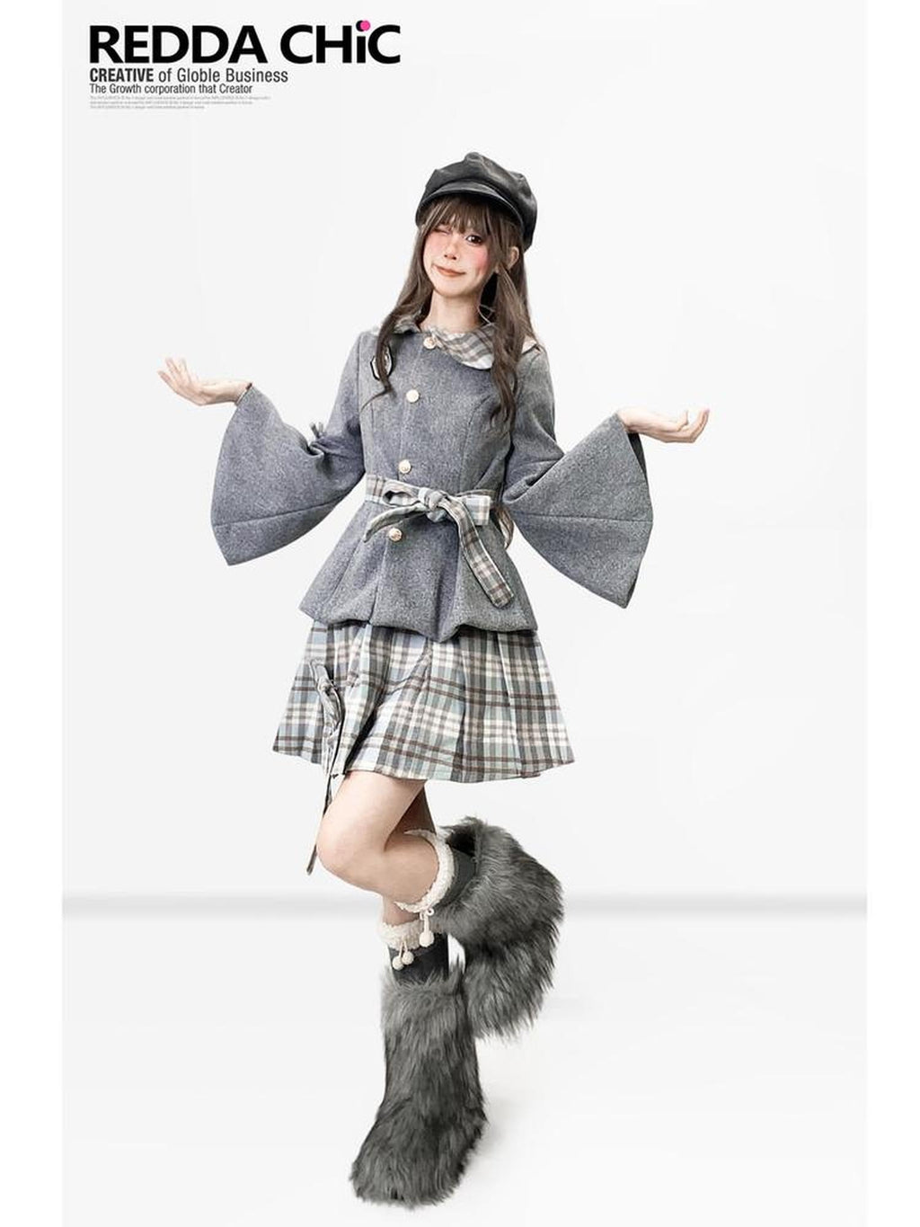ReddaChic Warm Thick Cute Preppy Plaid Cloak Silhouette Women Two Piece Flare Jeans