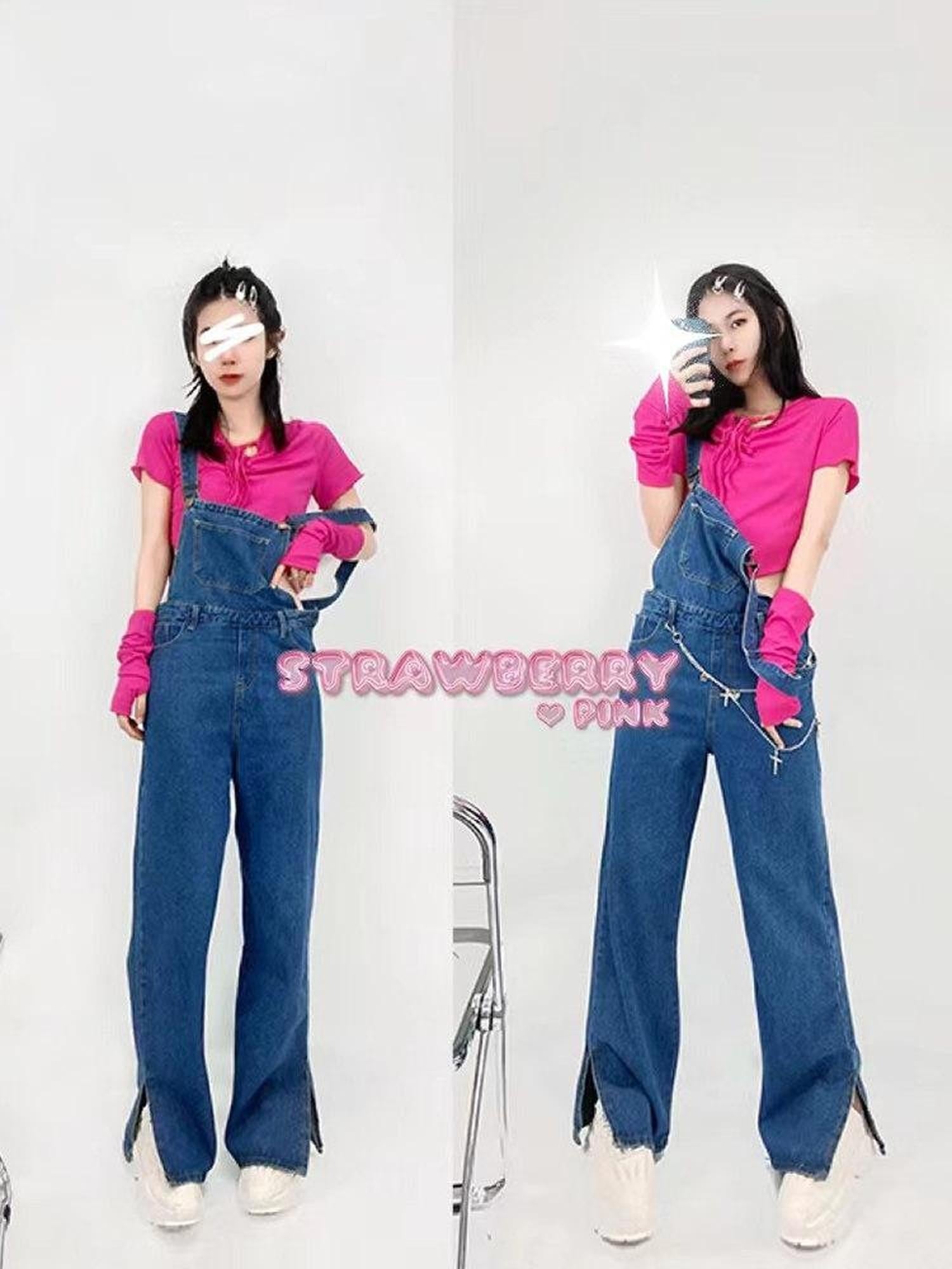 ReddaChic Washed Deep Blue Denim Slim High Waist Young Women Fitted Camisoles