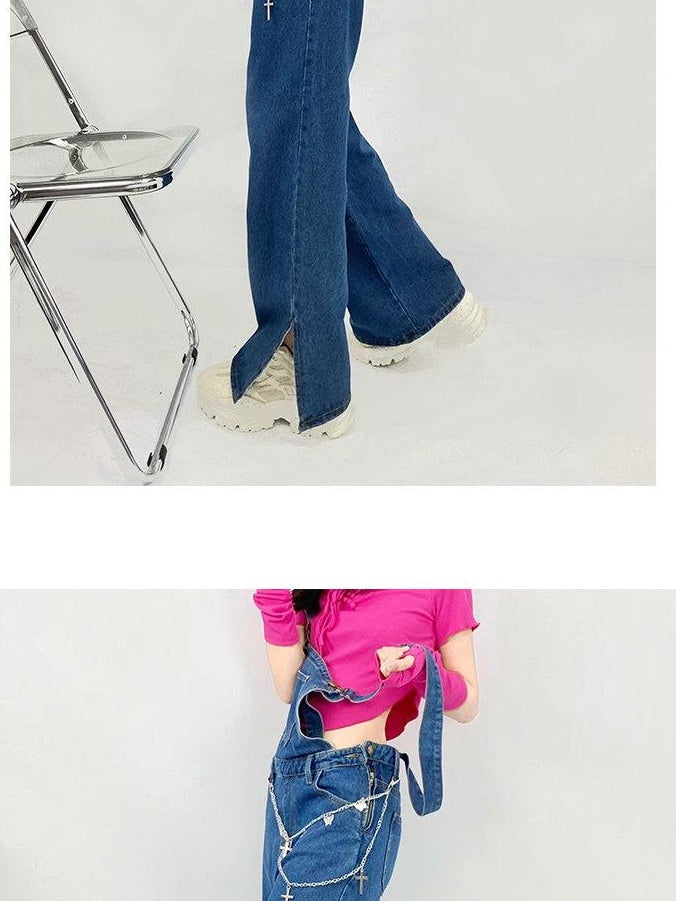 ReddaChic Washed Deep Blue Denim Slim High Waist Young Women Fitted Camisoles
