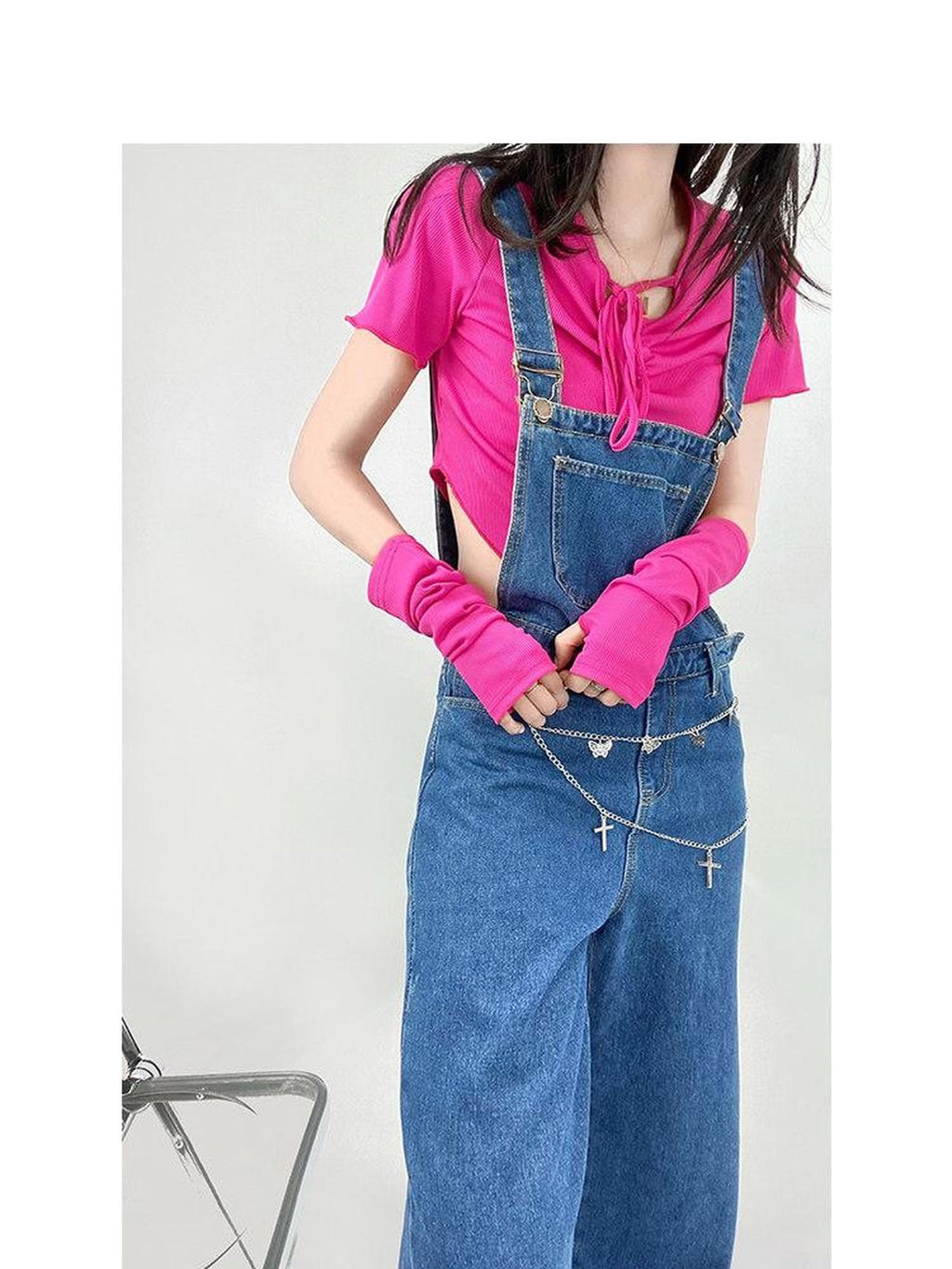 ReddaChic Washed Deep Blue Denim Slim High Waist Young Women Fitted Camisoles