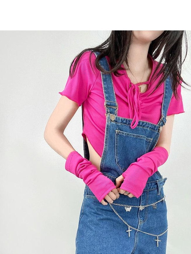 ReddaChic Washed Deep Blue Denim Slim High Waist Young Women Fitted Camisoles