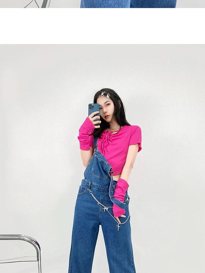 ReddaChic Washed Deep Blue Denim Slim High Waist Young Women Fitted Camisoles