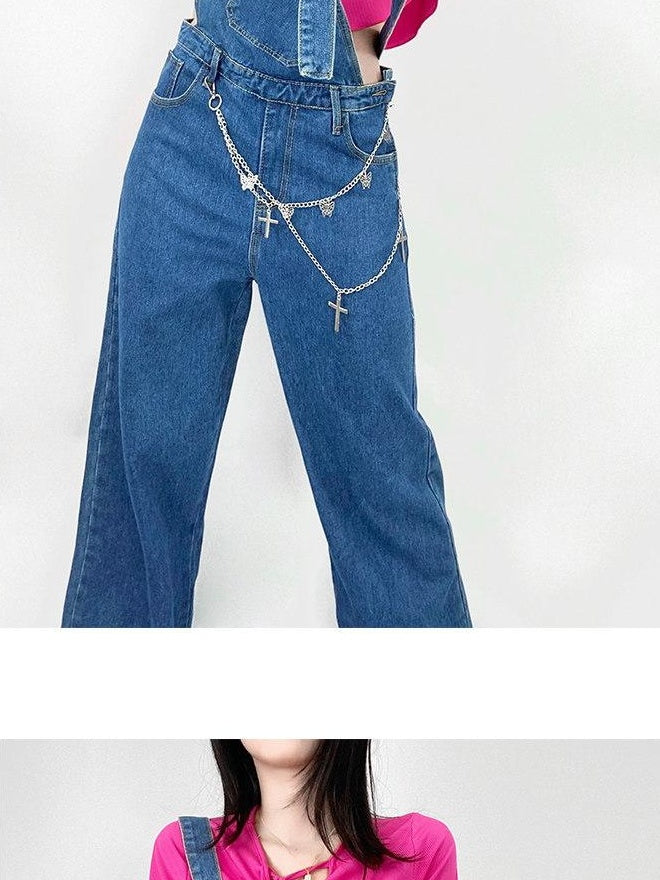 ReddaChic Washed Deep Blue Denim Slim High Waist Young Women Fitted Camisoles