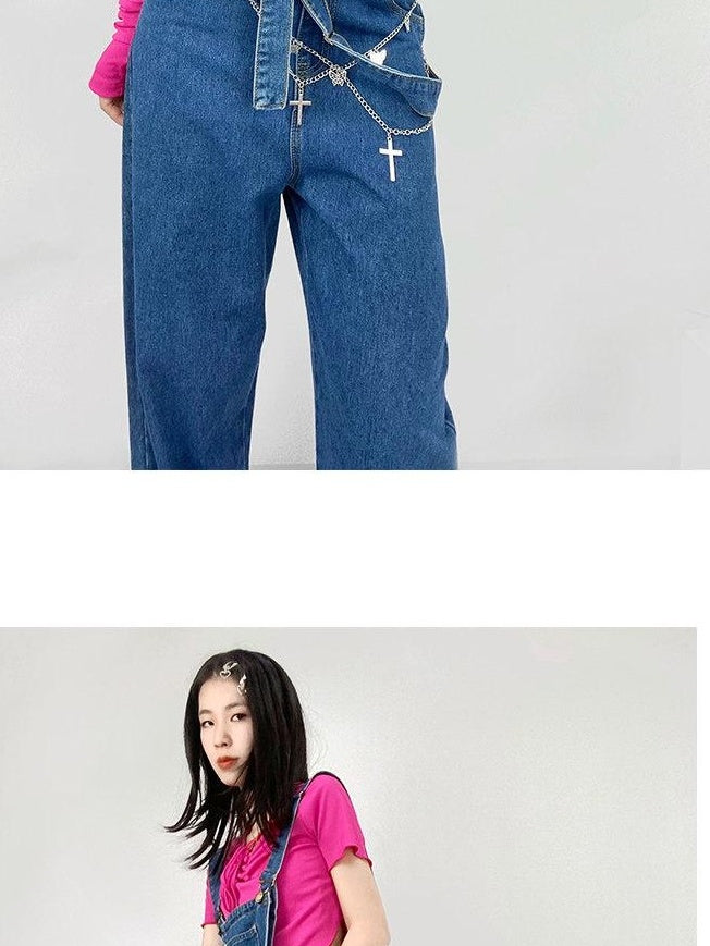ReddaChic Washed Deep Blue Denim Slim High Waist Young Women Fitted Camisoles