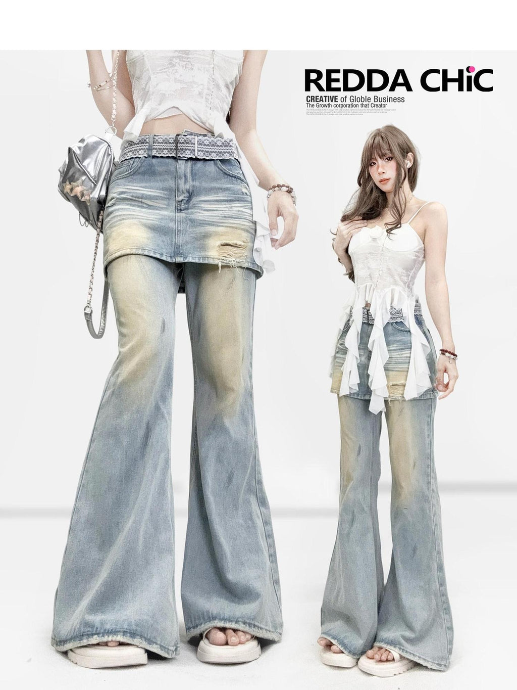ReddaChic Washed Denim Straight Cut Natural Waist Women Classic Long Maxi Skirts