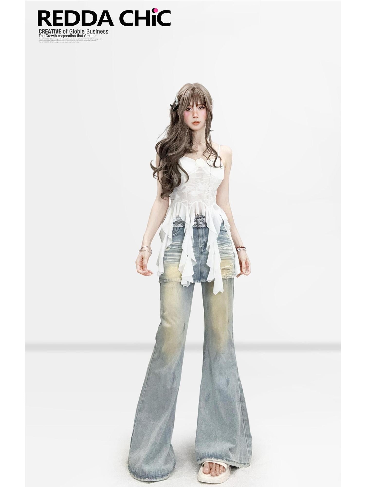 ReddaChic Washed Denim Straight Cut Natural Waist Women Classic Long Maxi Skirts
