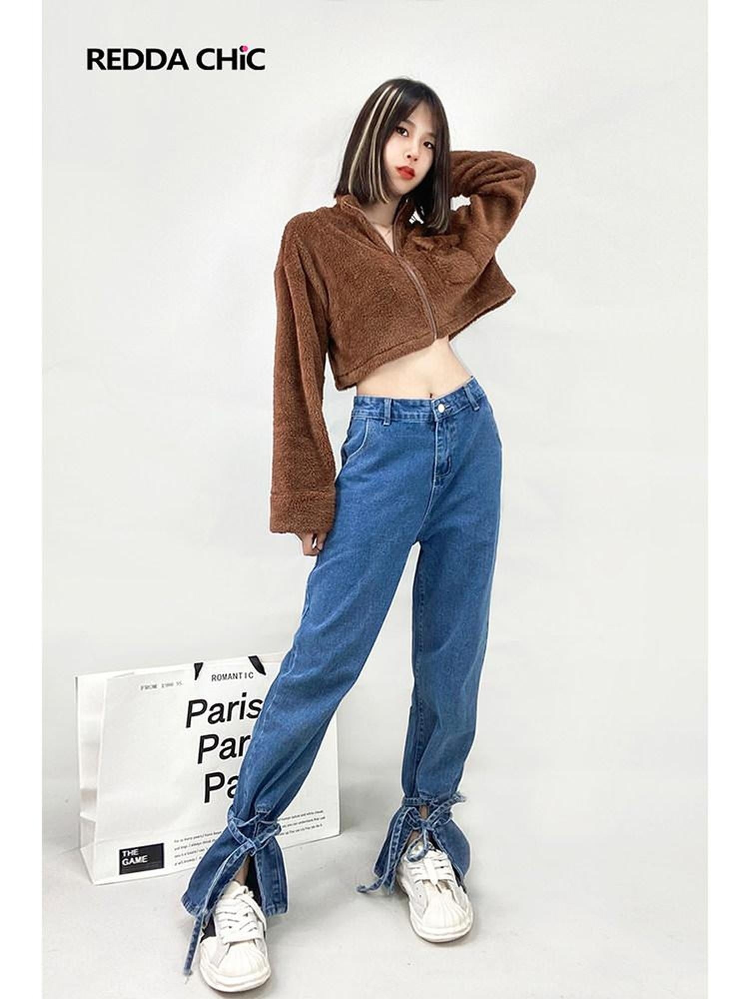 ReddaChic Washed High Waist Straight Leg Zip Fly Blue Young Adult Casual Denim Shorts