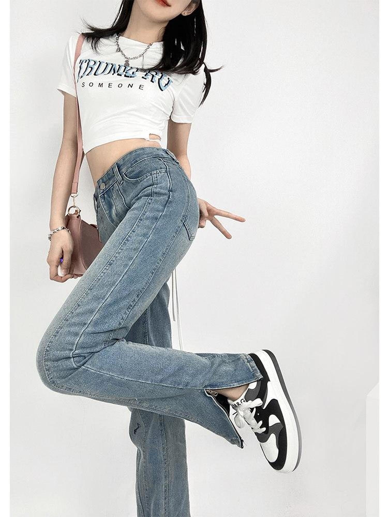 ReddaChic Washed Light Blue Denim Look Casual High Waist Pairing Short Sleeve T-Shirts