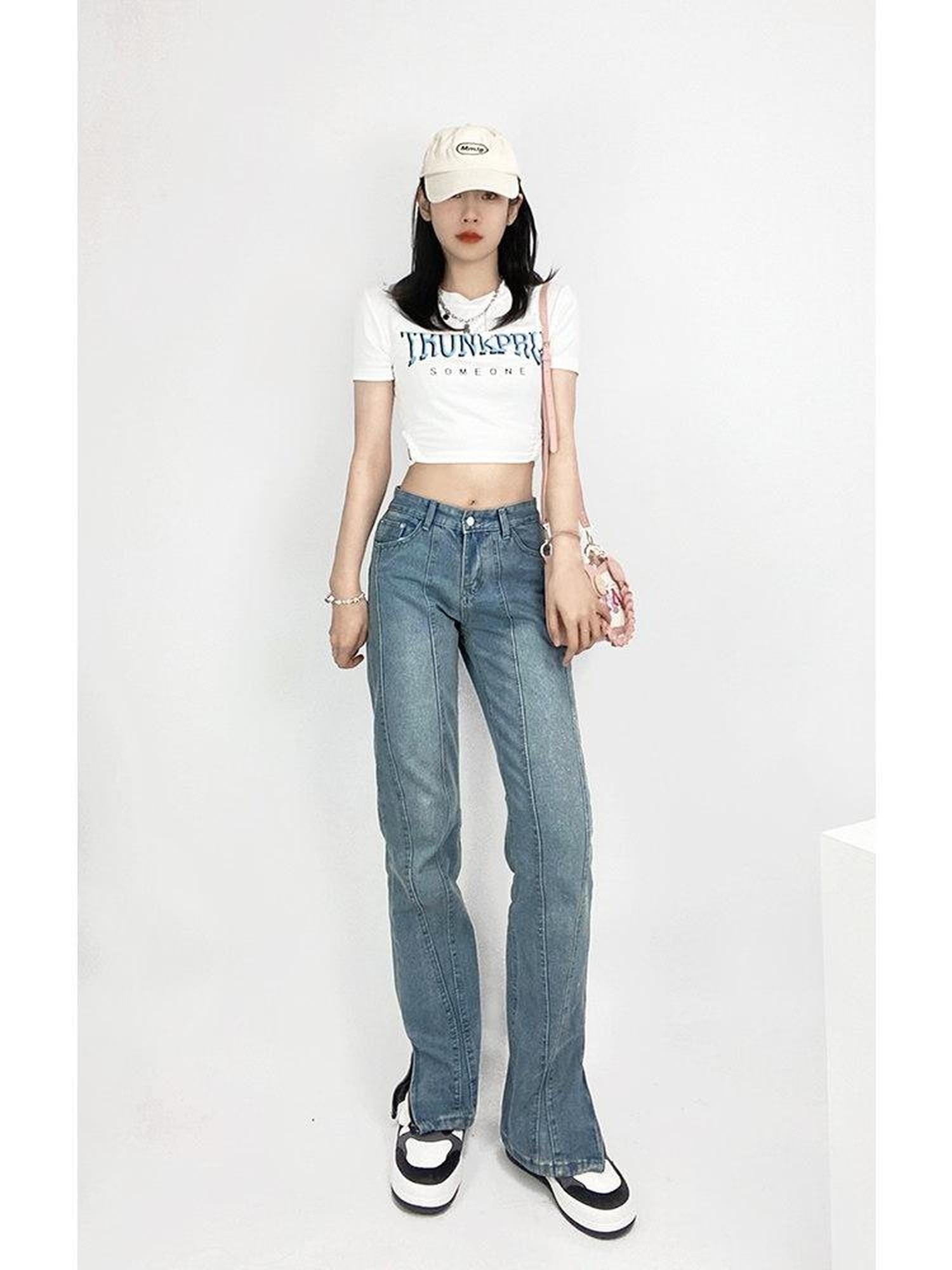 ReddaChic Washed Light Blue Denim Look Casual High Waist Pairing Short Sleeve T-Shirts