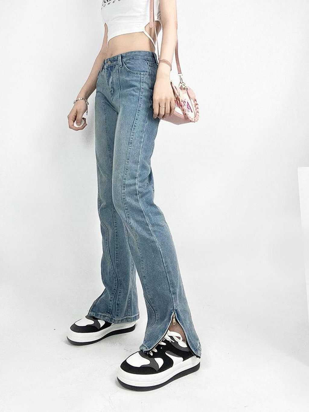 ReddaChic Washed Light Blue Denim Look Casual High Waist Pairing Short Sleeve T-Shirts