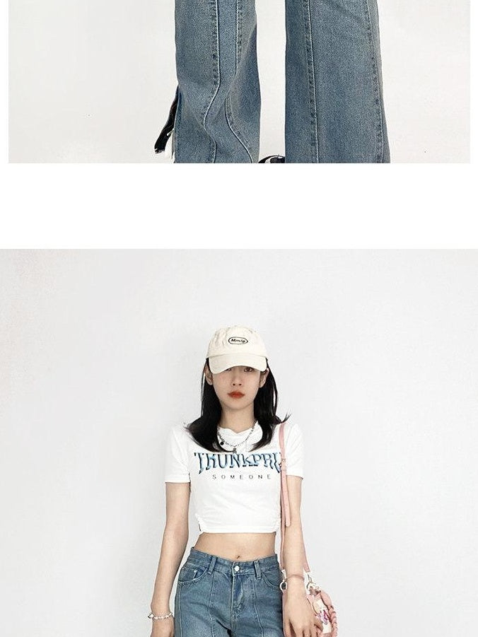ReddaChic Washed Light Blue Denim Look Casual High Waist Pairing Short Sleeve T-Shirts