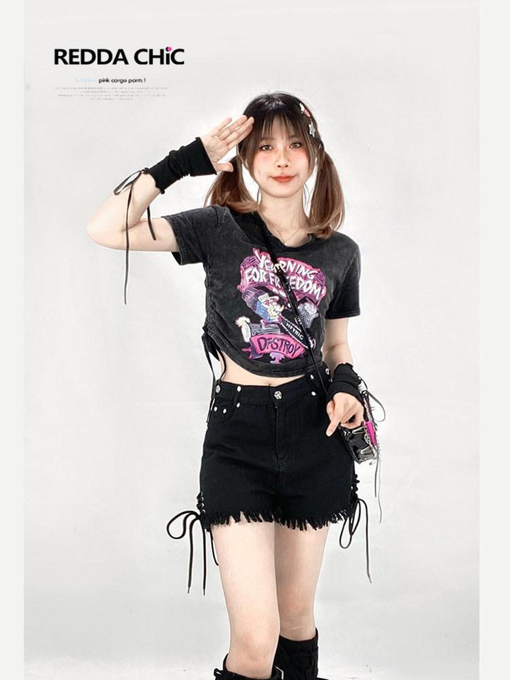 ReddaChic Washed Soft Black Cropped Boxy Fit Youth Casual High Waist Long Sleeve T-Shirts