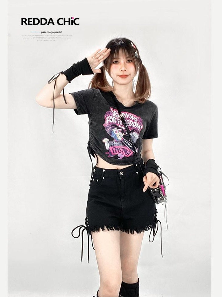 ReddaChic Washed Soft Black Cropped Boxy Fit Youth Casual High Waist Long Sleeve T-Shirts
