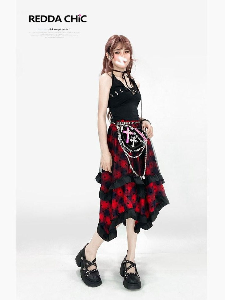 ReddaChic Wine Red Rococo Patchwork Irregular A Line Mid Waist Citywalk Mini Skirts