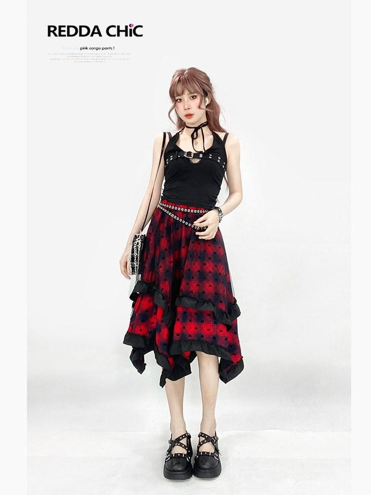 ReddaChic Wine Red Rococo Patchwork Irregular A Line Mid Waist Citywalk Mini Skirts