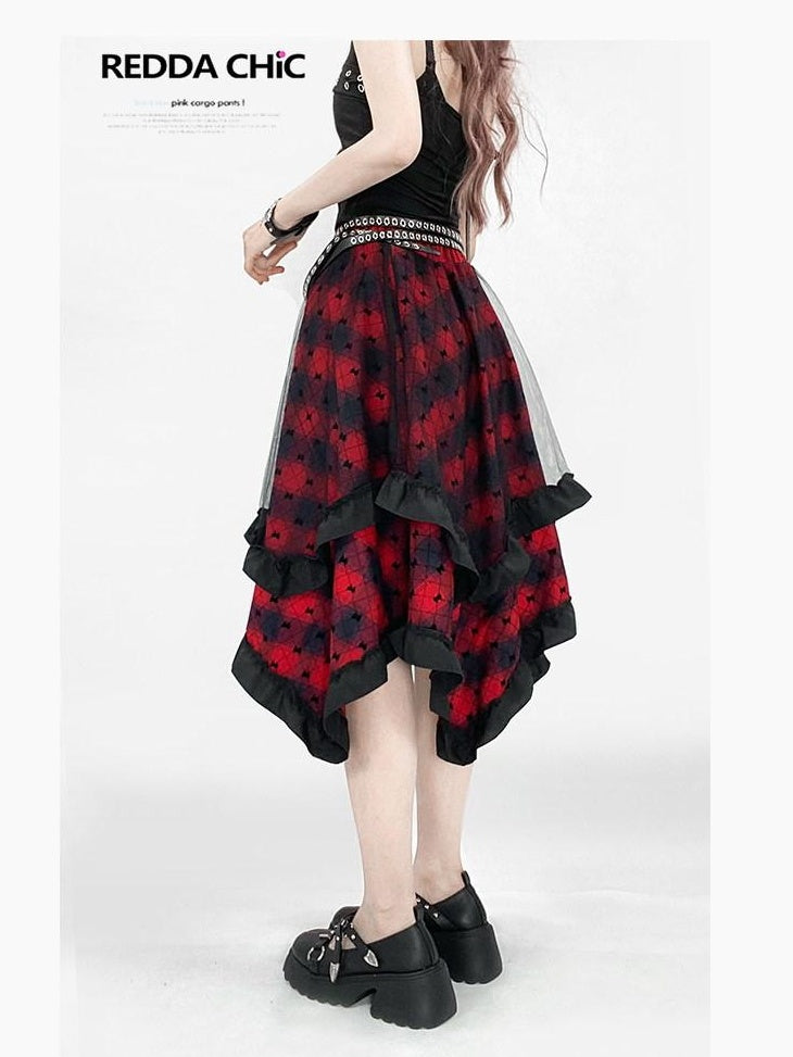 ReddaChic Wine Red Rococo Patchwork Irregular A Line Mid Waist Citywalk Mini Skirts