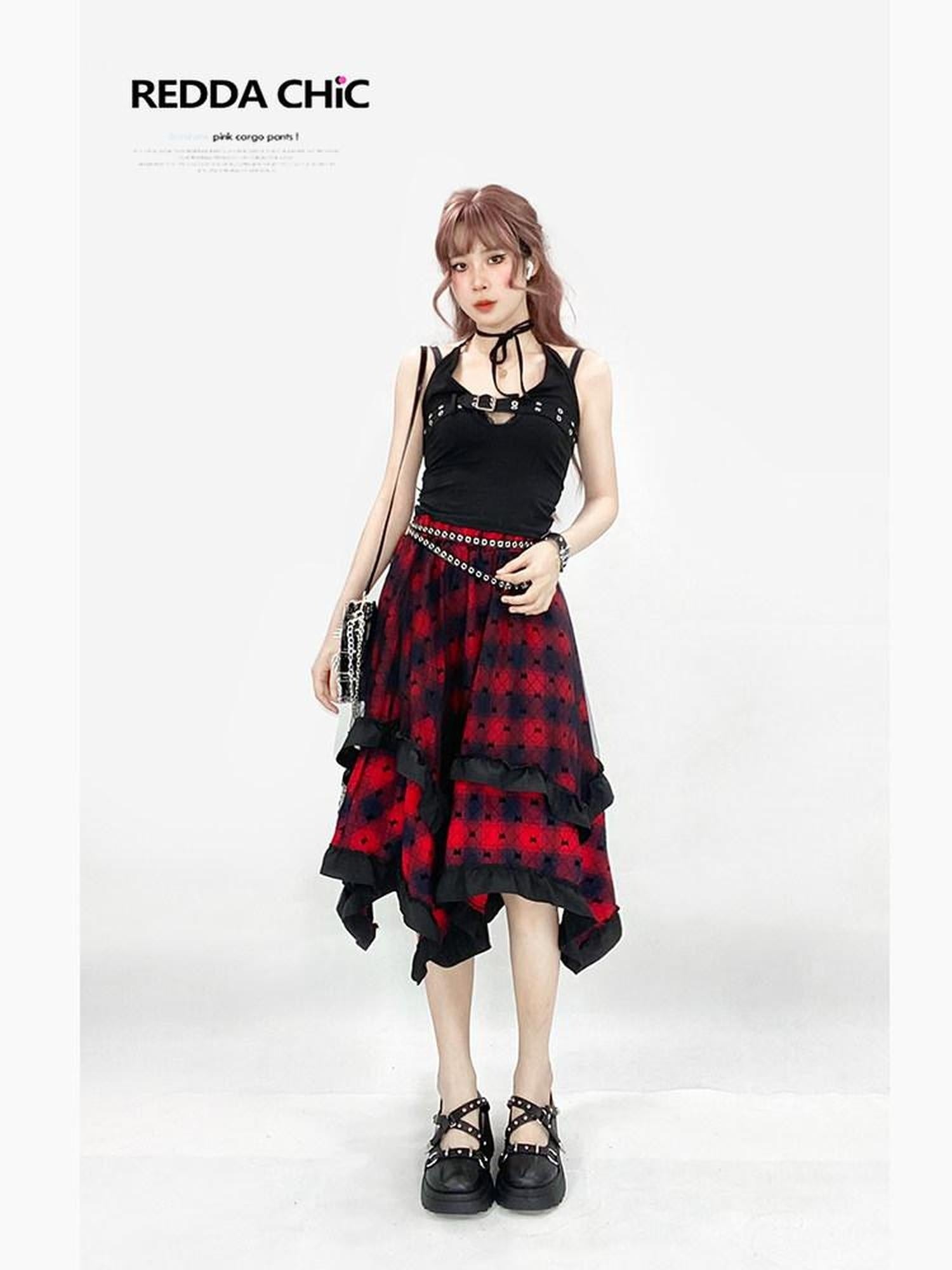 ReddaChic Wine Red Rococo Patchwork Irregular A Line Mid Waist Citywalk Mini Skirts