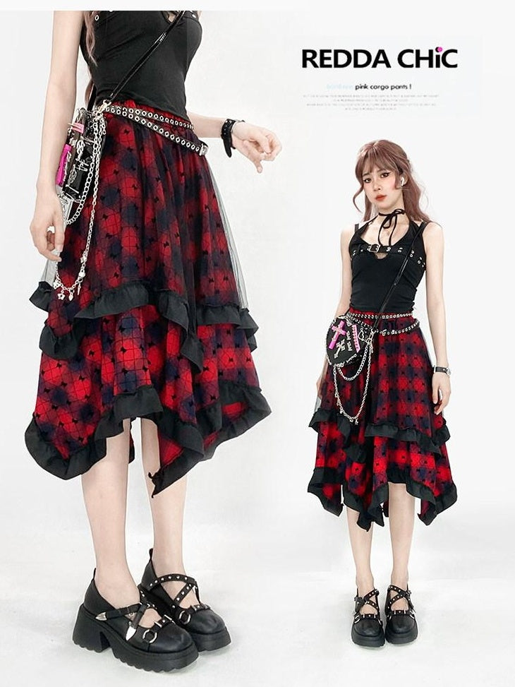 ReddaChic Wine Red Rococo Patchwork Irregular A Line Mid Waist Citywalk Mini Skirts